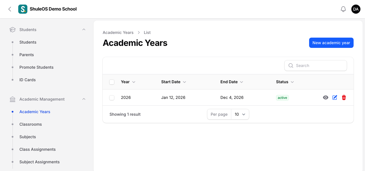 The academic years list