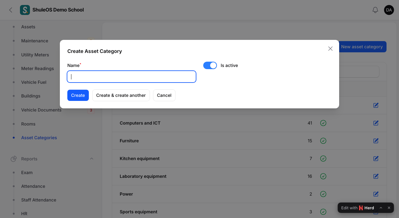 The new asset category window