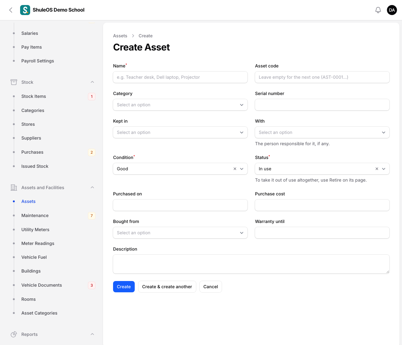 The new asset form