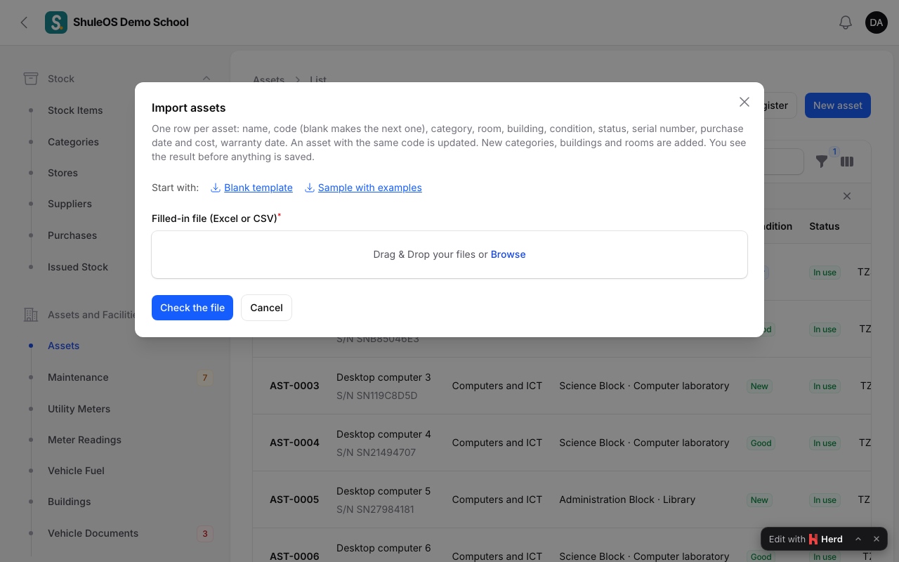 The import window for assets