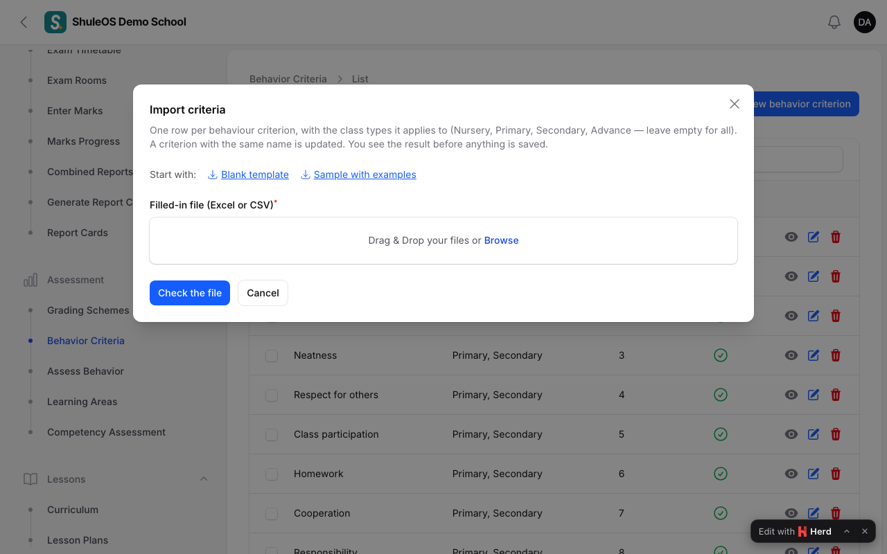 The import window for behavior criteria