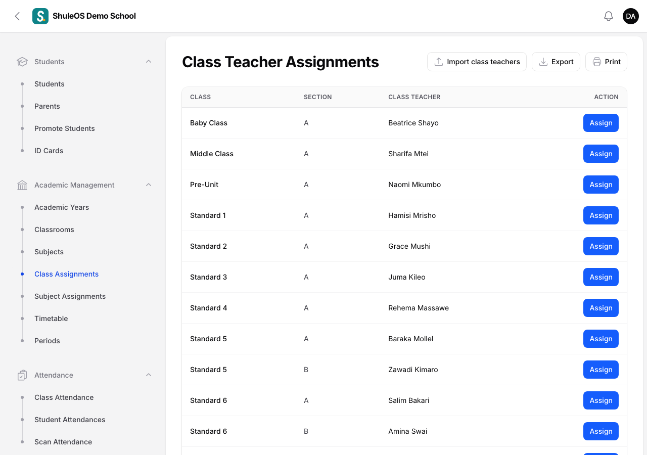 Class Teacher Assignments