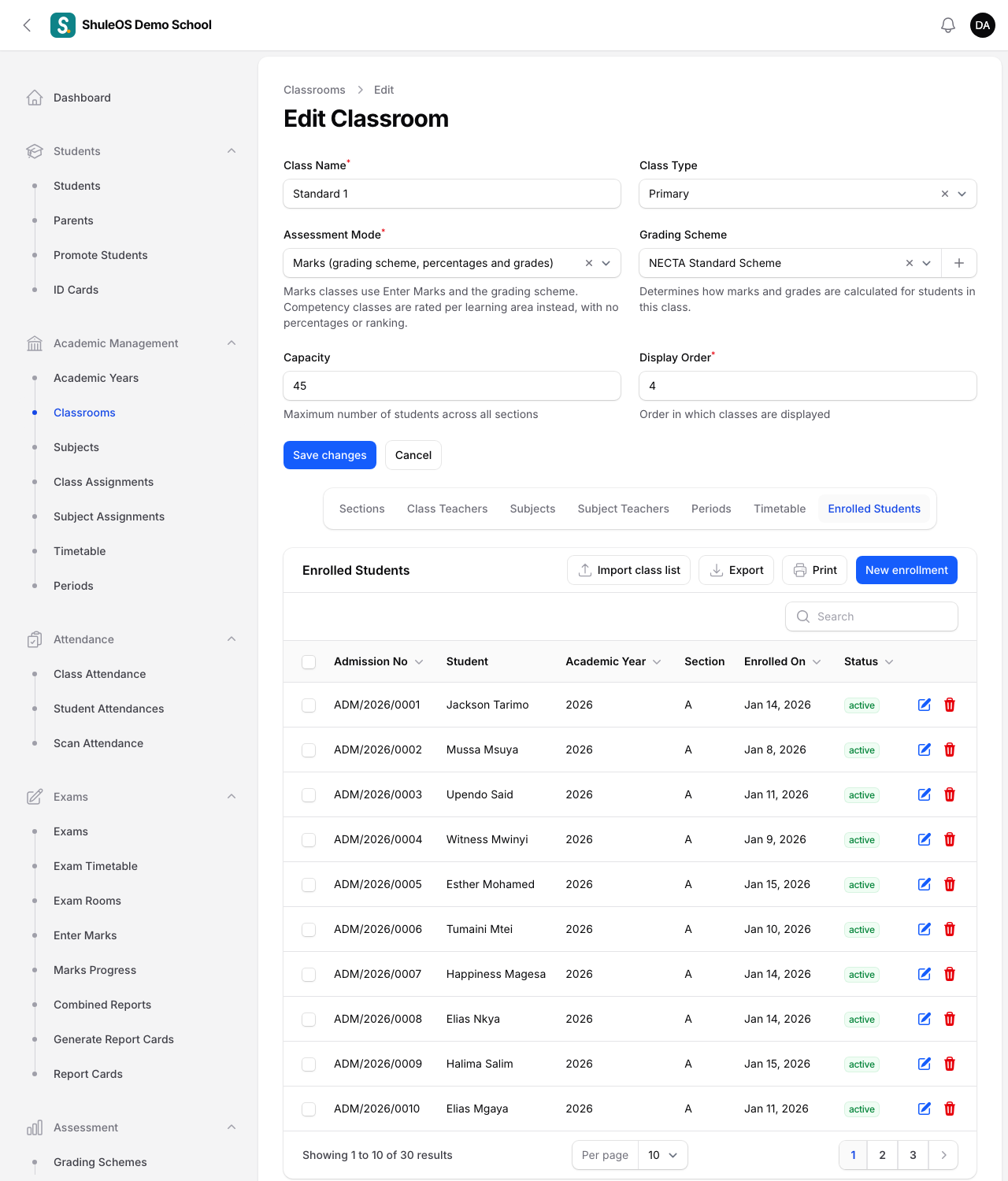 Enrolled students on the class edit page