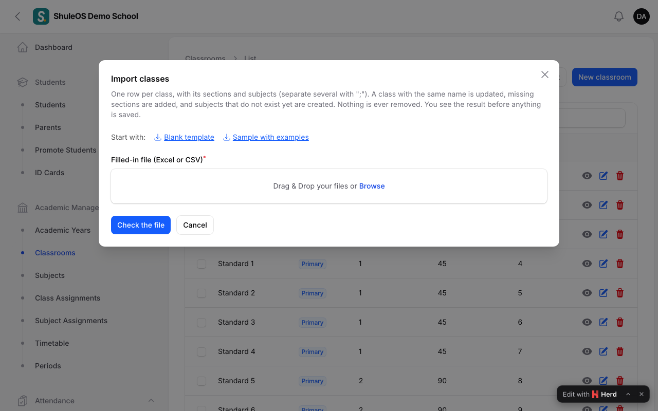 The import window for classes