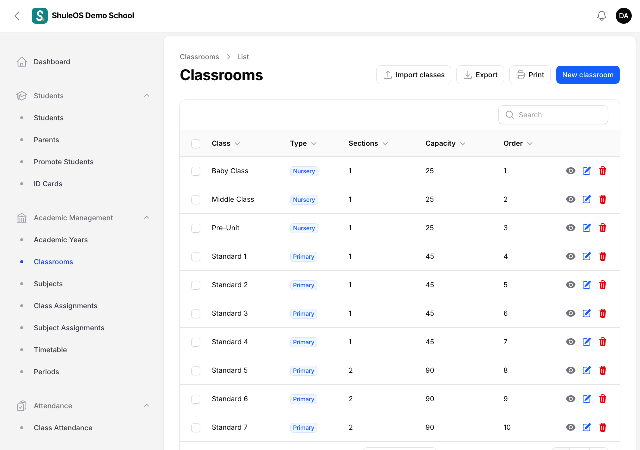 The classrooms list