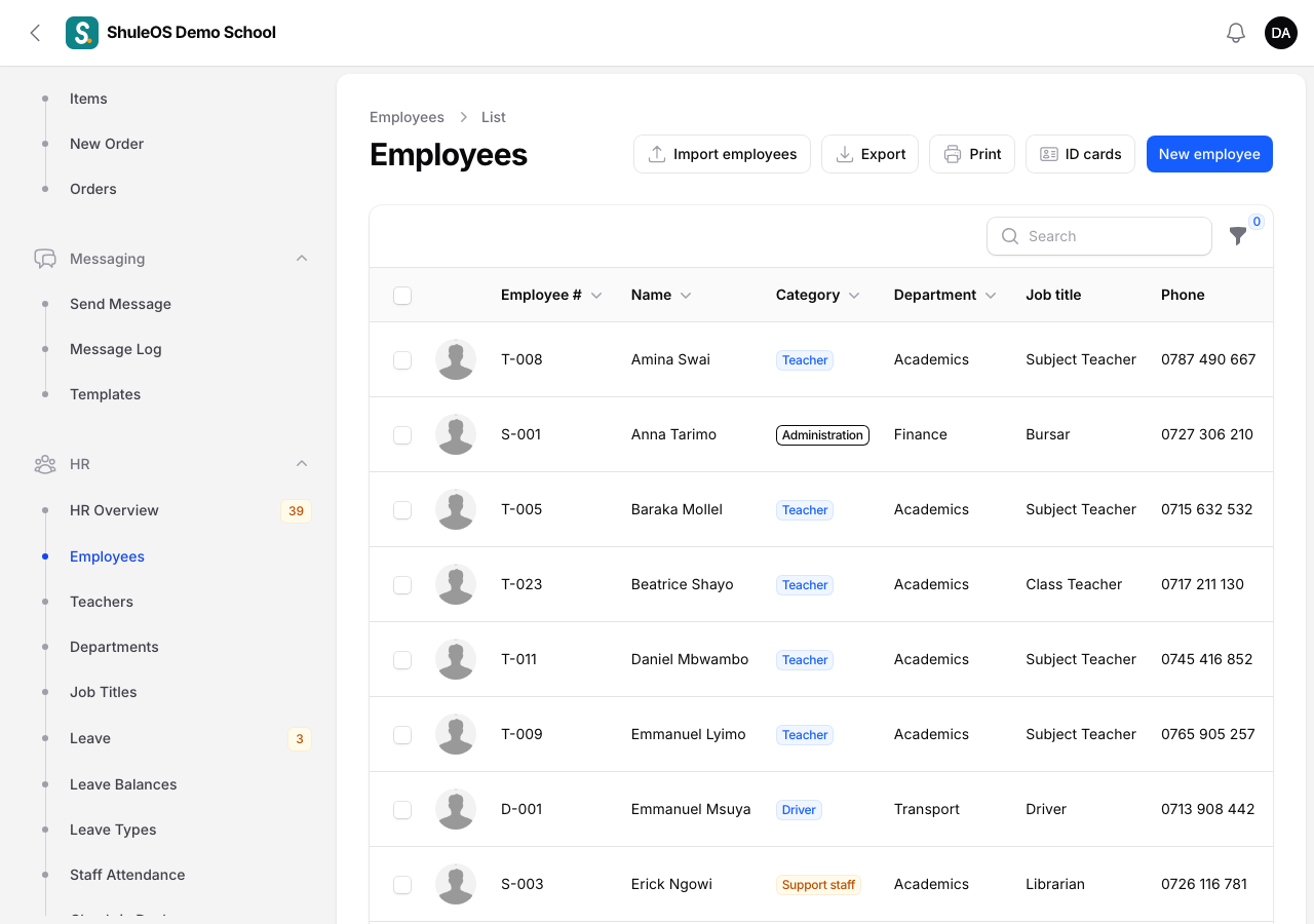 The Employees list