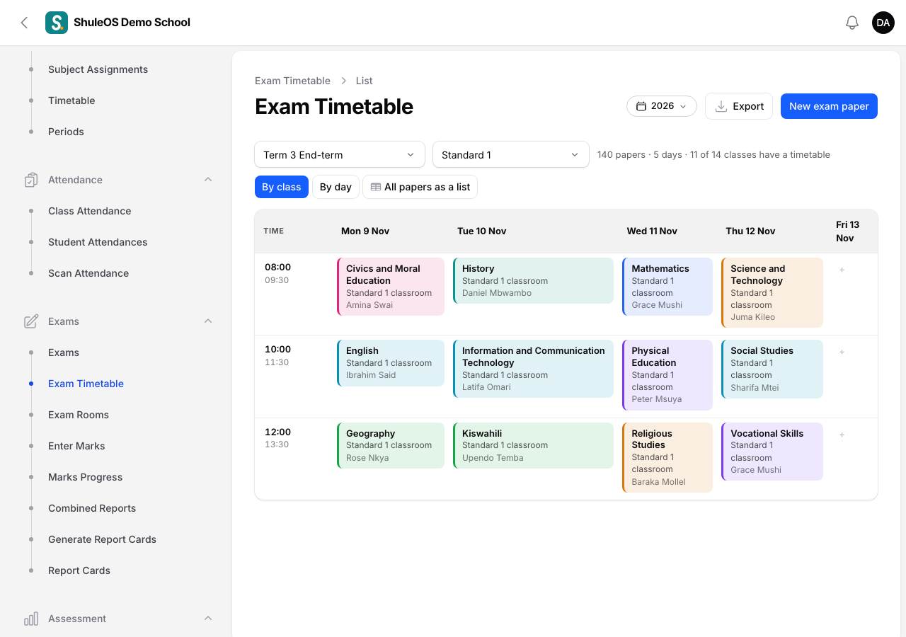 The exam timetable