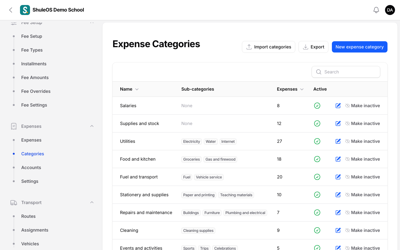 Expense categories