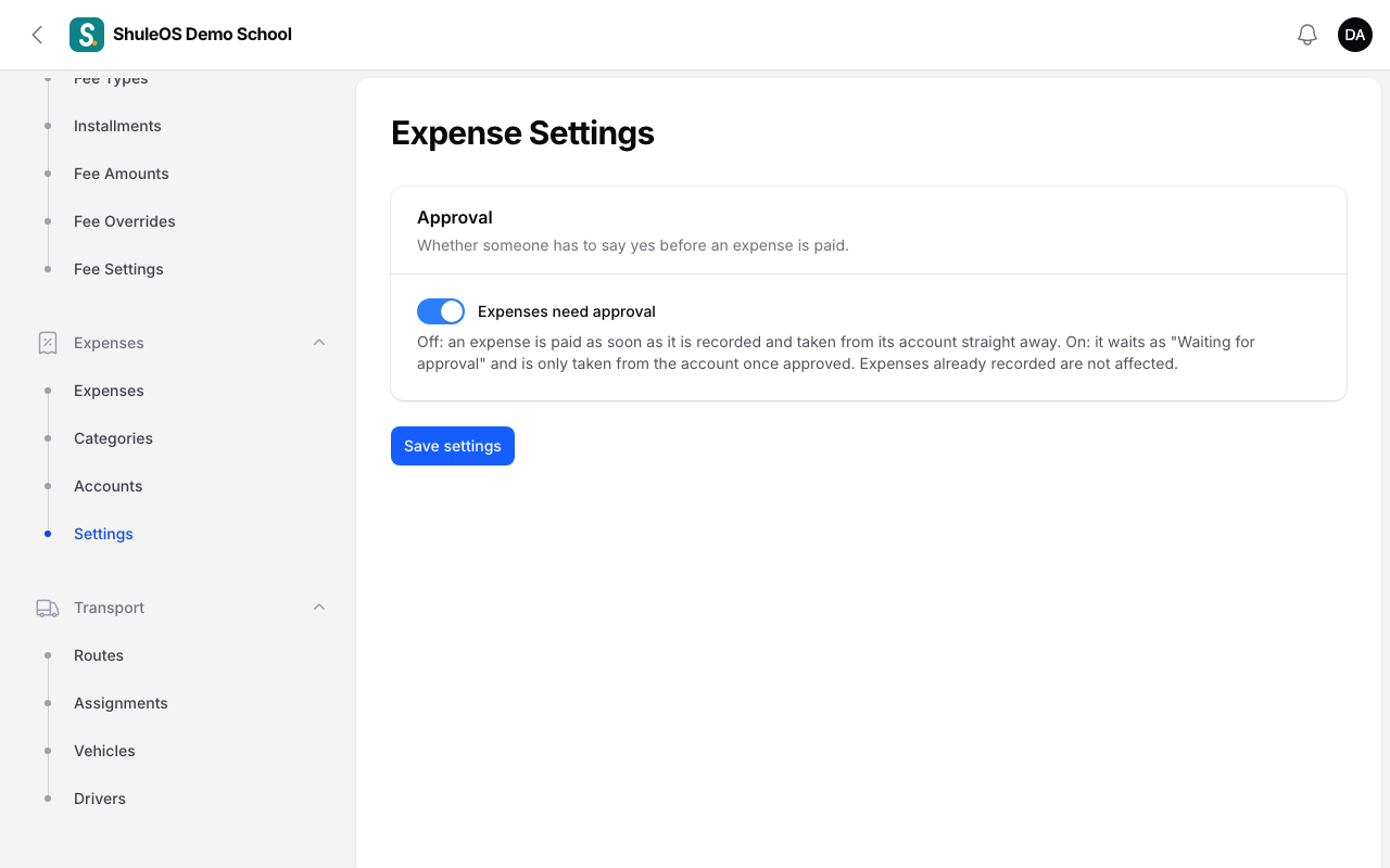 Expense settings