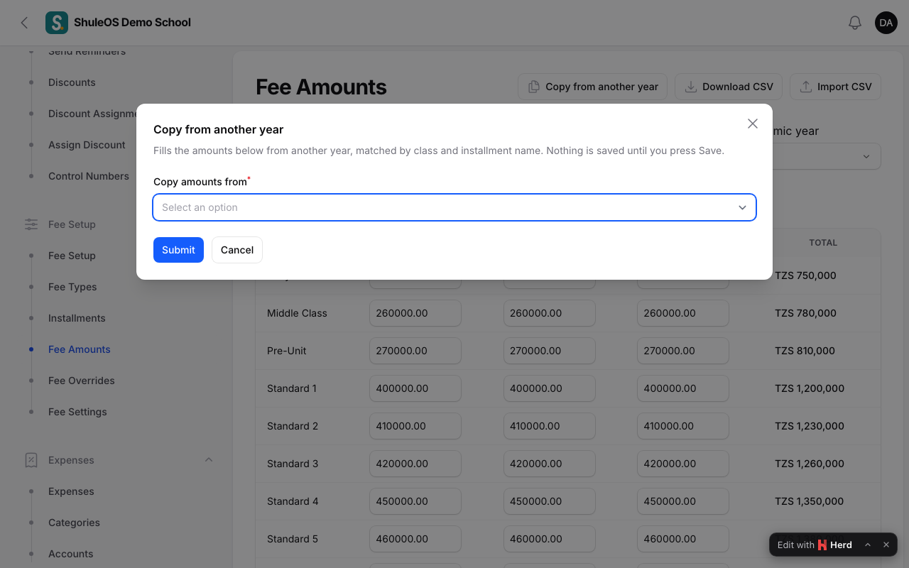 Copying fee amounts from another year