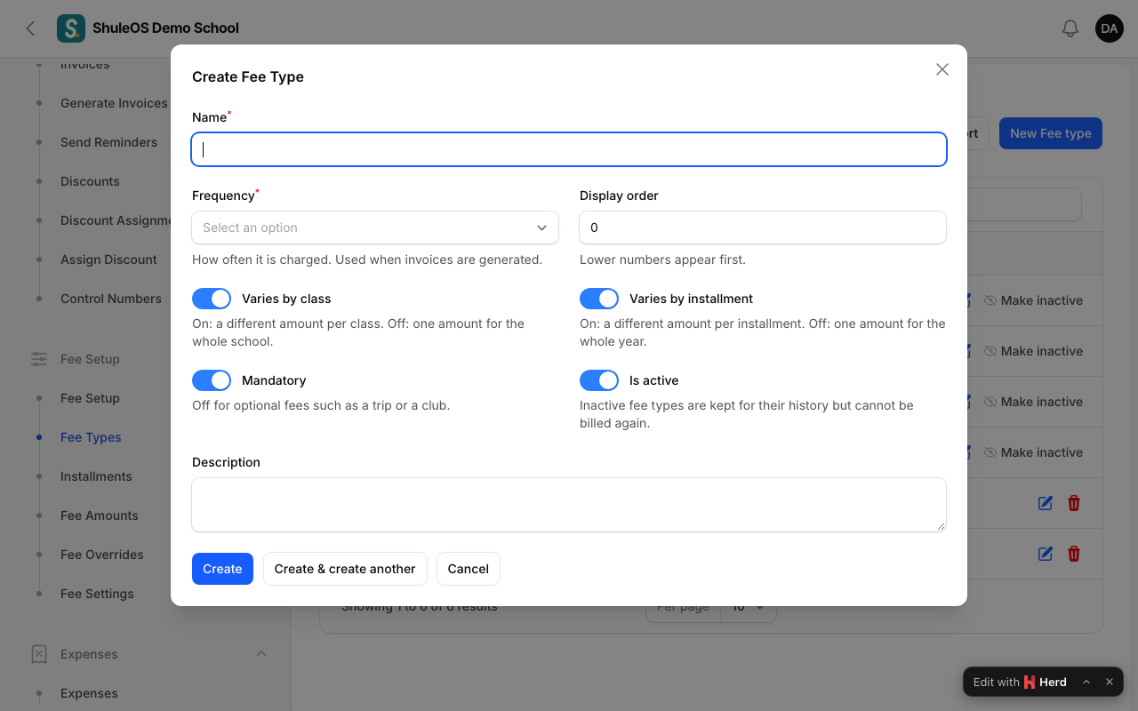 The new fee type form