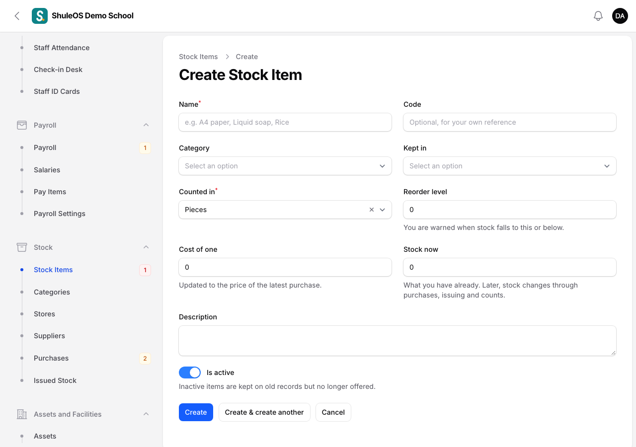 The new stock item form