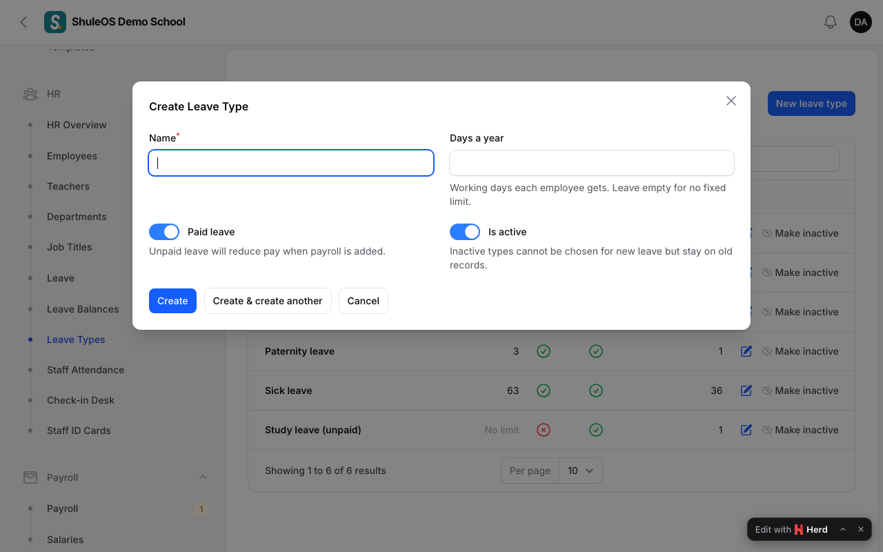 The new leave type window