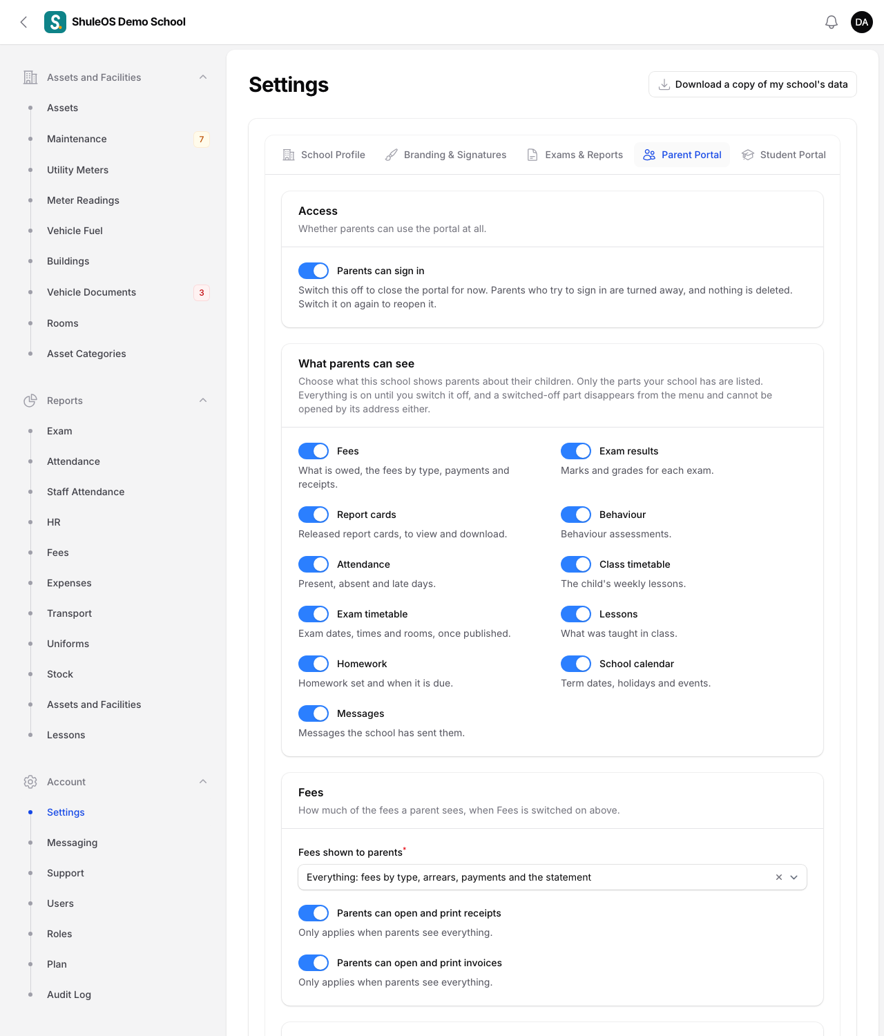 The Parent Portal tab