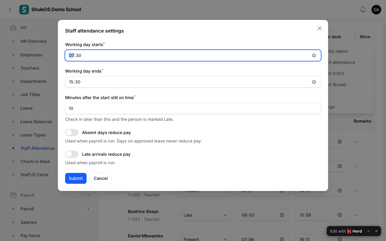 Staff attendance settings