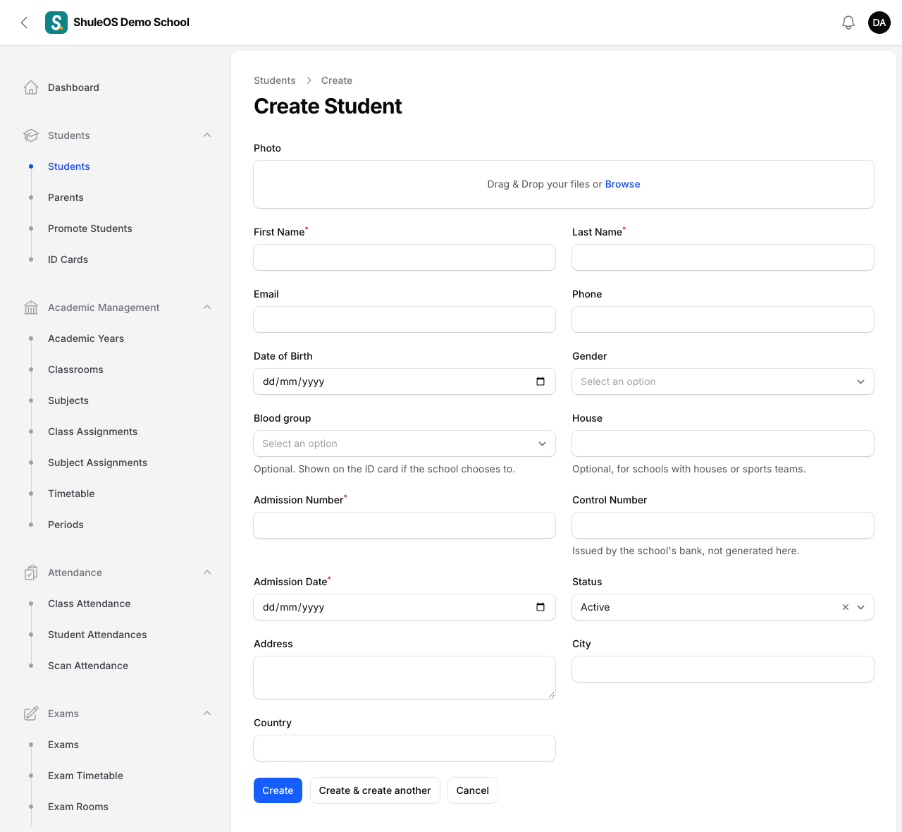 The new student form