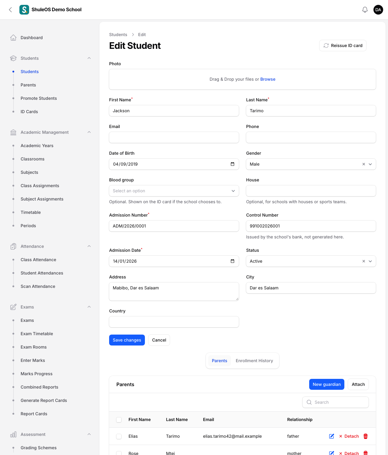 The Parents tab on the student's edit page