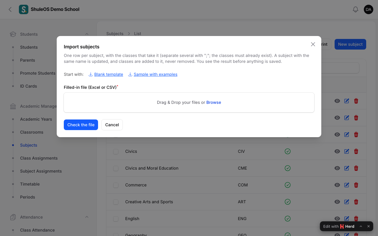 The import window for subjects