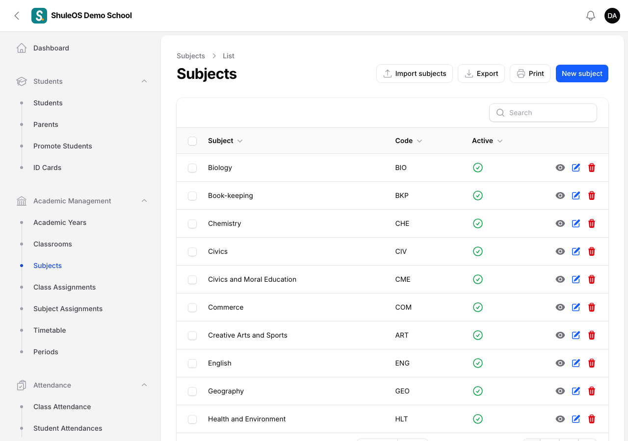 The subjects list