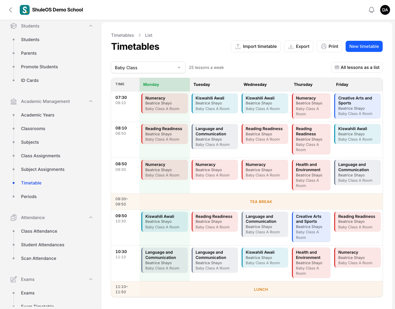 A class timetable