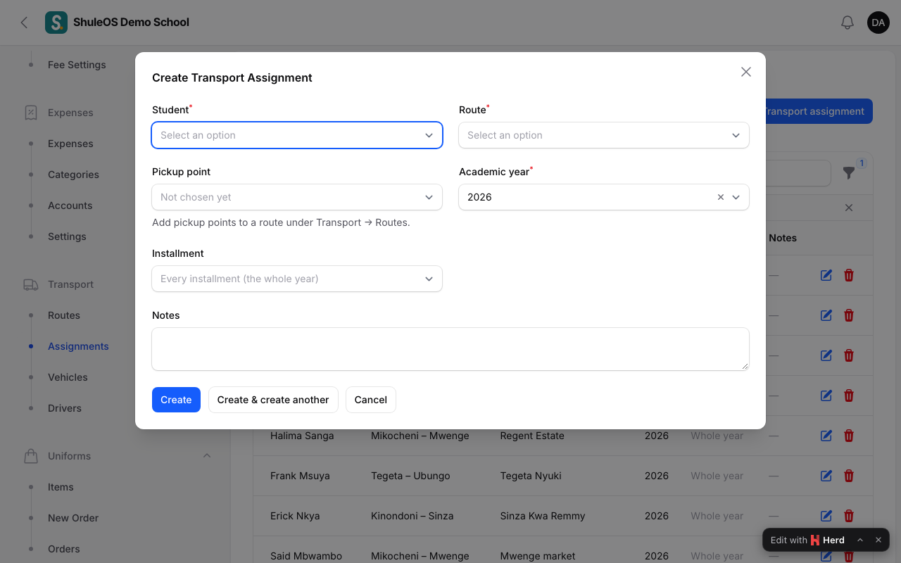 The new transport assignment form