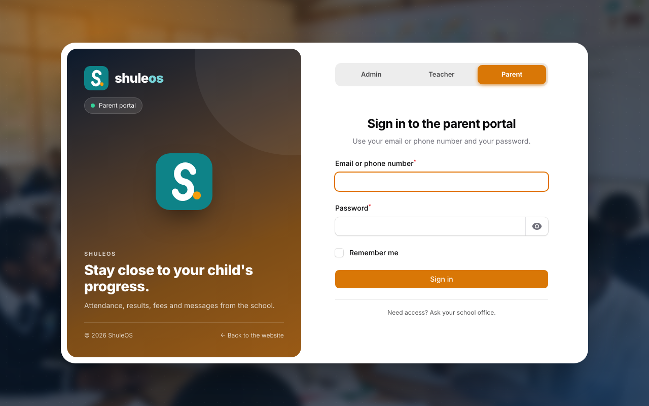 The parent sign-in page
