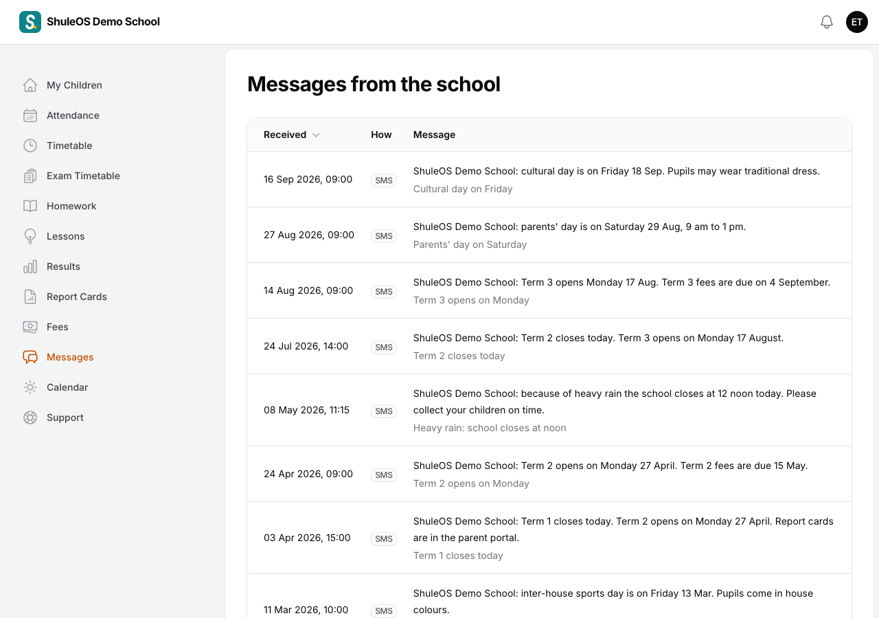 Messages from the school