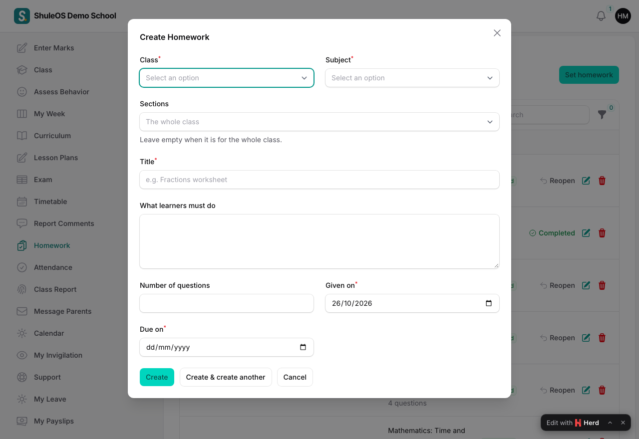 The homework form