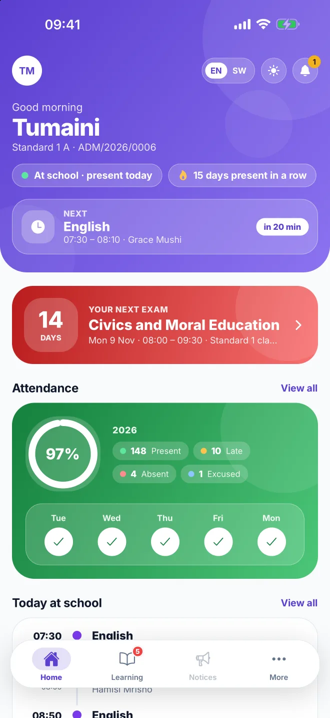 A pupil's home screen in the ShuleOS app