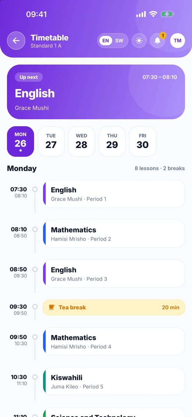 The ShuleOS app for pupils: today's timetable