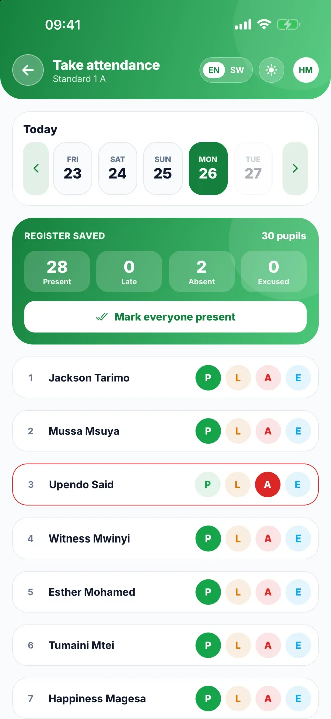 The ShuleOS app for teachers: taking the class register