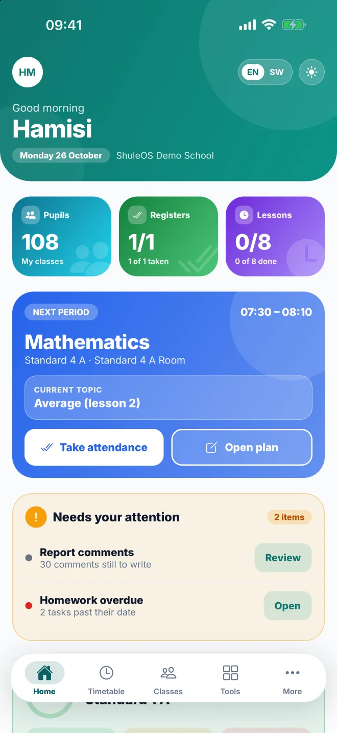 A teacher's home screen in the ShuleOS app