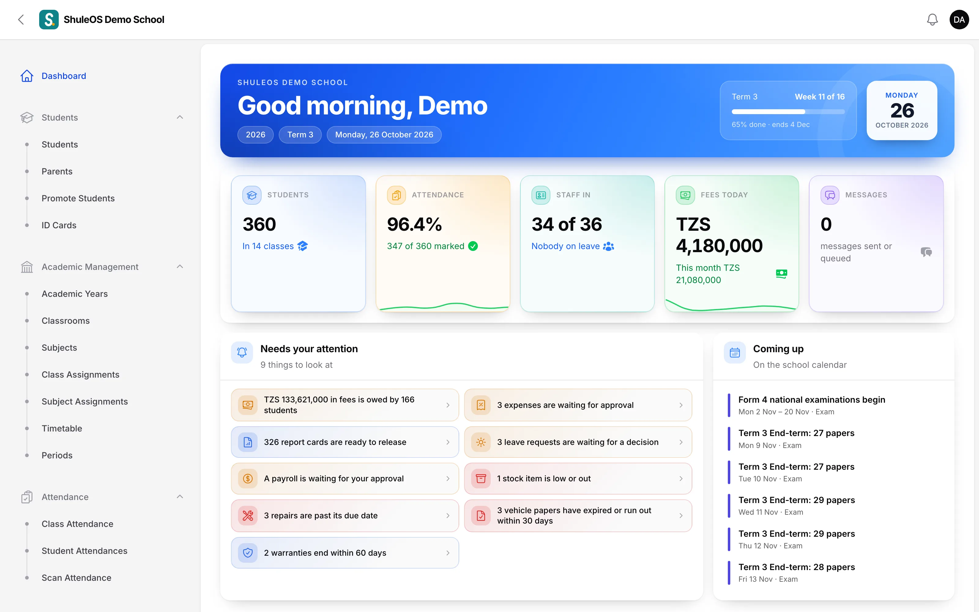 The ShuleOS dashboard for the school office: students, attendance, staff, fees and what needs attention today