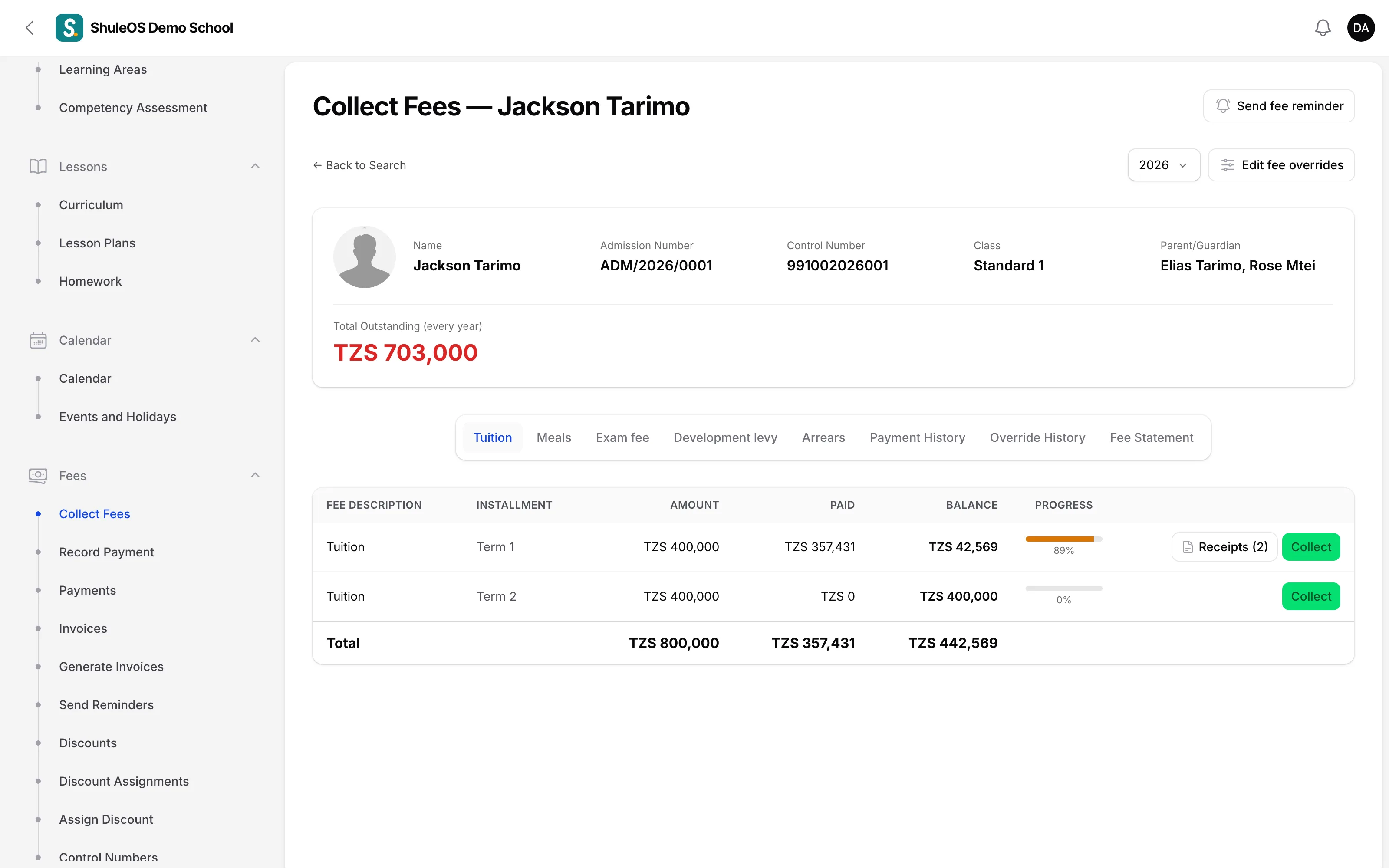 Collecting a fee payment in the ShuleOS office portal