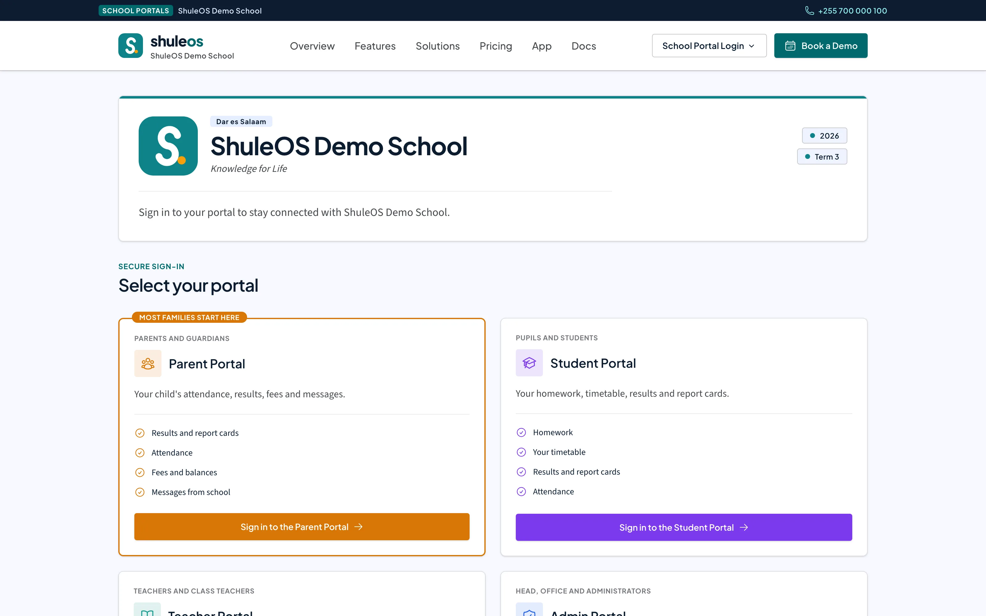 ShuleOS Demo School's own page, where families and staff choose their portal