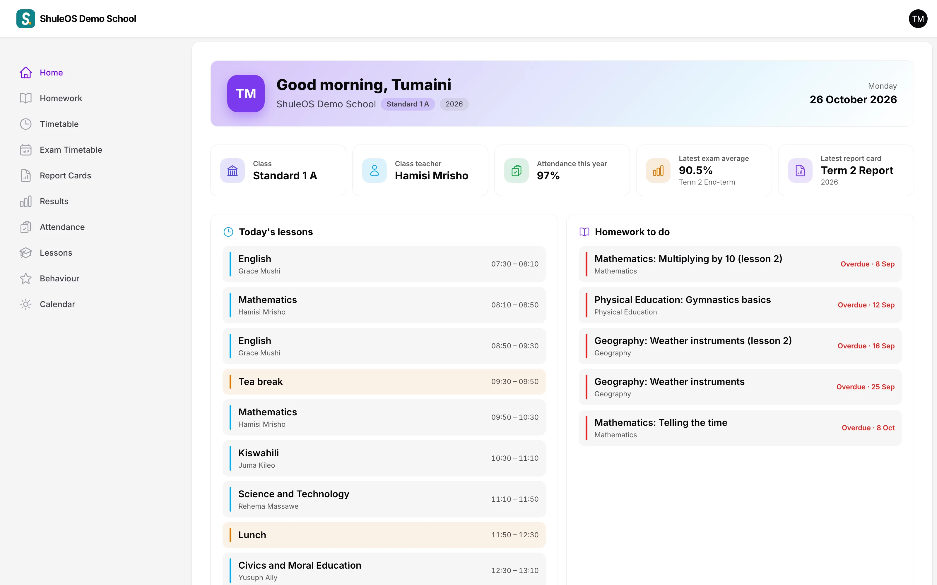 A pupil's home page in the ShuleOS student portal