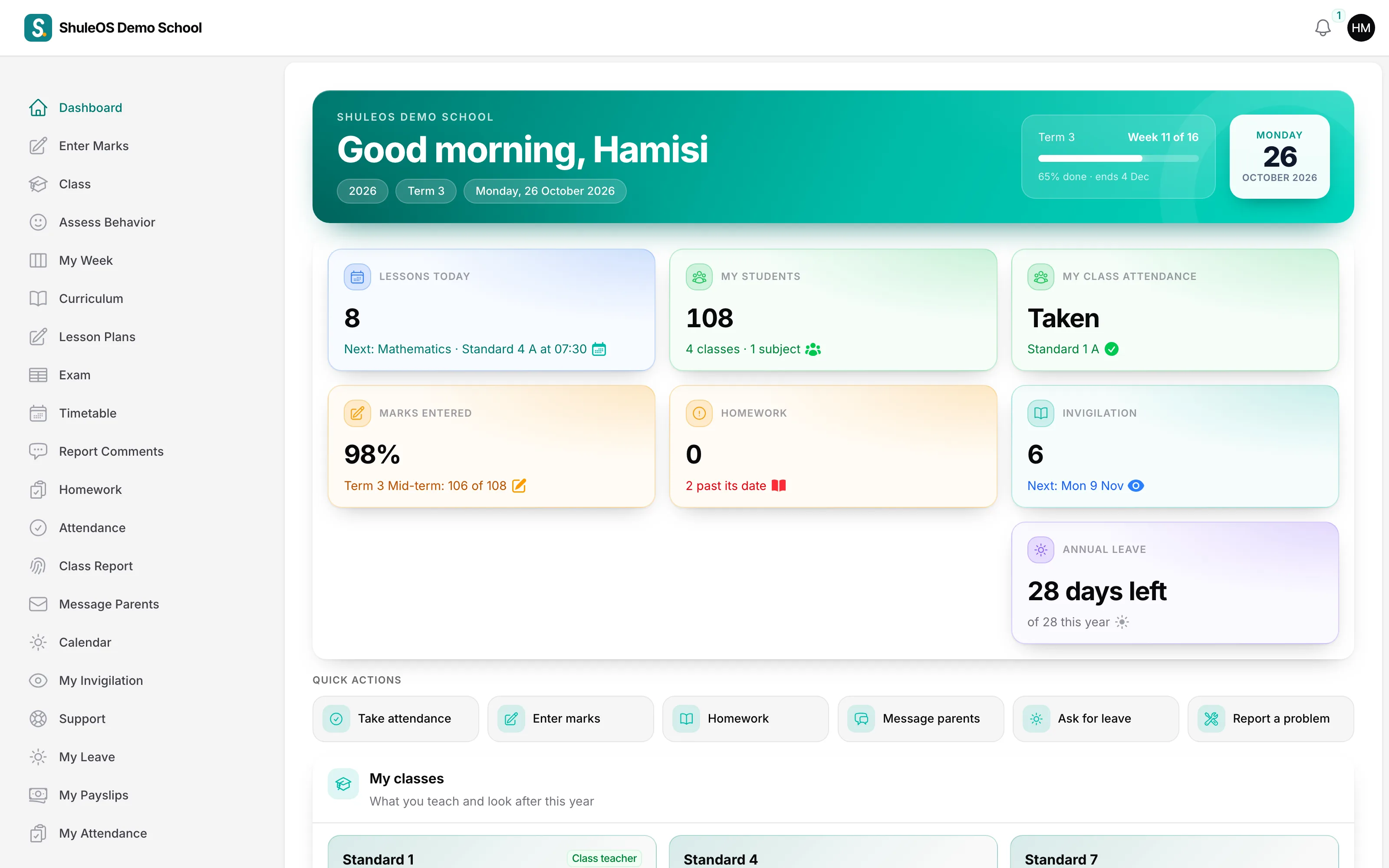 A teacher's dashboard in the ShuleOS teacher portal